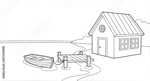 Lakeside house with dock and boat with transparent background
