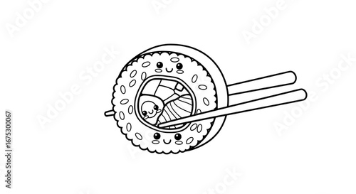 Sushi roll with chopsticks on black background