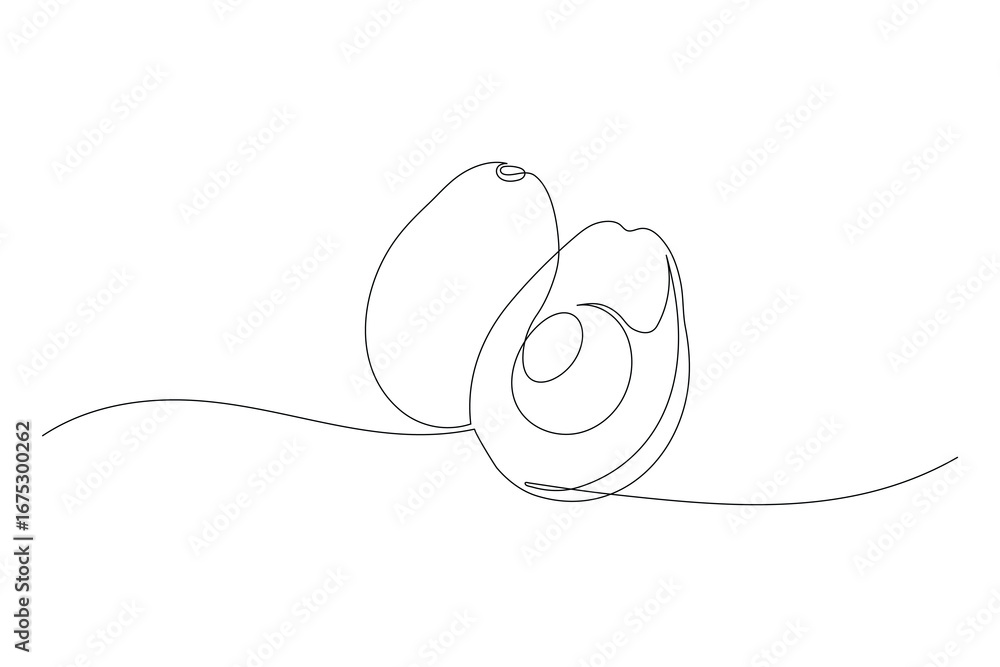 Obraz premium Avocado continuous one line drawing isolated on a white background. Horizontal banner. Outline avocado fruit. Vector illustration