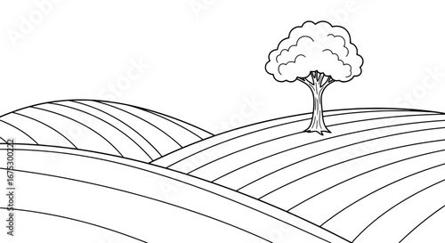 Scenic farm landscape with one tree and rolling fields