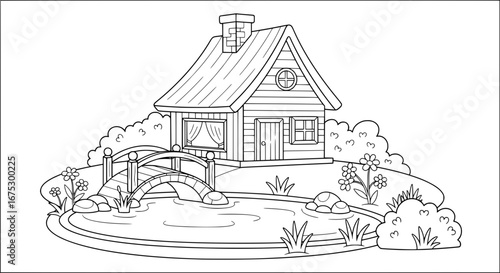 House with a pond and garden with transparent background
