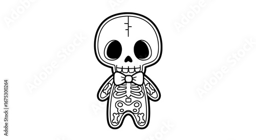 Skeleton with bow tie outline on transparent background