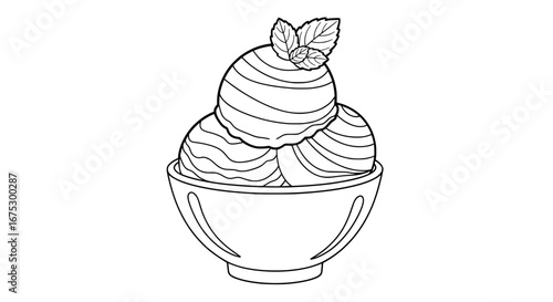 Ice cream scoops with mint leaves in bowl with transparent background