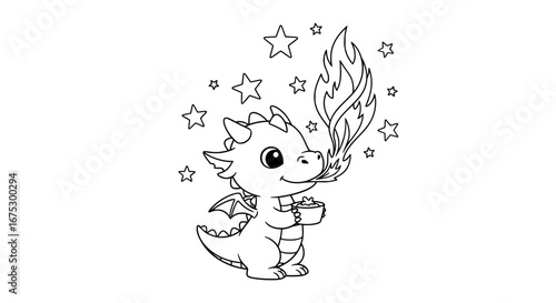 Cute cartoon dragon breathing fire with transparent background