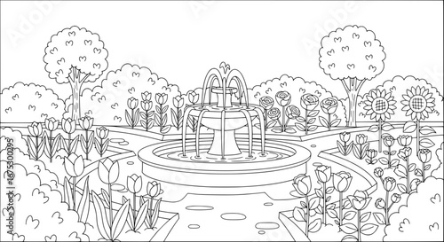 Wallpaper Mural Fountain surrounded by trees and flower beds with transparent background Torontodigital.ca