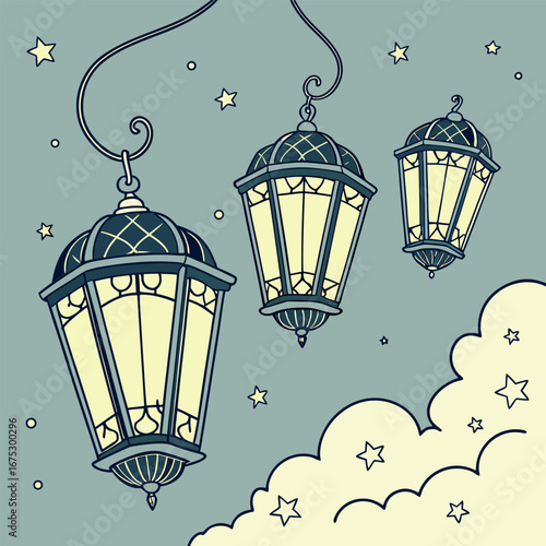 Magical night sky filled with glowing lanterns and stars