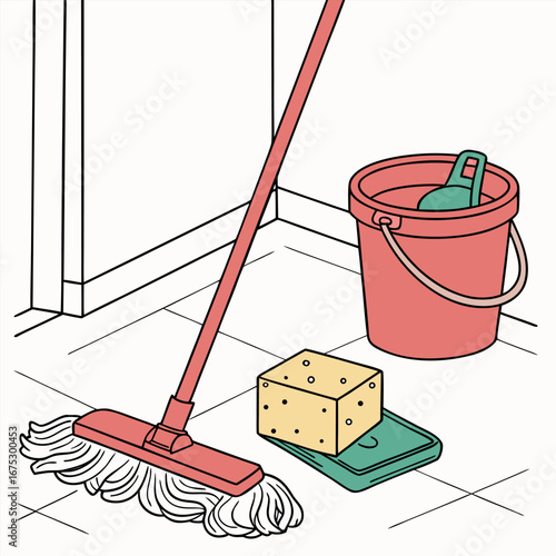 Collection of household cleaning tools and supplies scattered