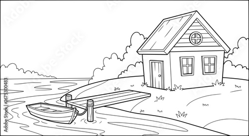 Cozy cottage near river with transparent background