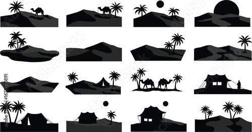 Desert silhouettes, camel caravan, sand dunes, palm trees, oasis, tent camp, sunset, travel illustration, adventure landscape, black vector design
