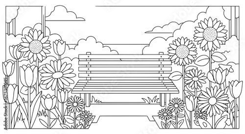 Bench surrounded by flowers with transparent background