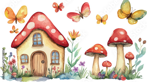 Charming watercolor illustration of a whimsical mushroom house surrounded by butterflies and enchanting forest flora