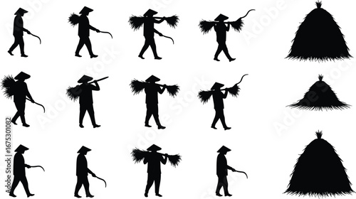 Farmer silhouettes, rice harvest, agriculture workers, carrying crops, straw hat, sickle tool, rice bundles, haystack, rural farming, black vector design