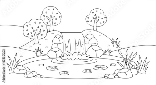 Serene pond with waterfall and trees with transparent background
