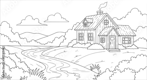 Mountain cabin with trees and winding road with transparent background