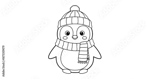 Penguin wearing winter hat and scarf with transparent background