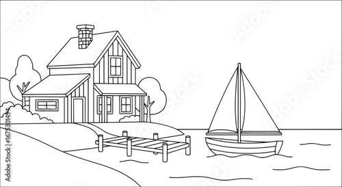 House with boat and dock on water with transparent background