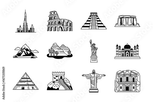 black and white illustration of Famous tourist attractions landmark in the world