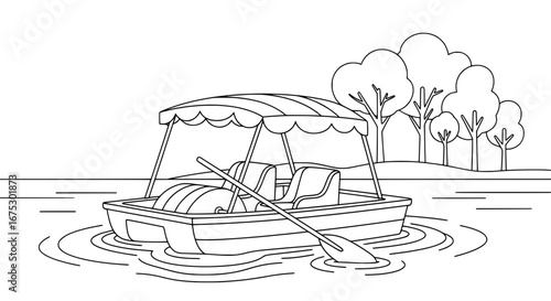 Boat with canopy on water with trees and ripples