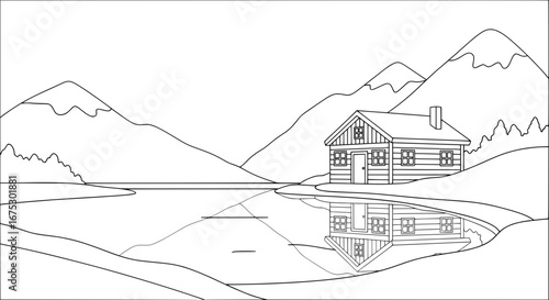 Mountain landscape with house and lake with transparent background