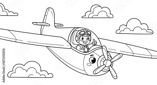 Child pilot flying airplane with transparent background