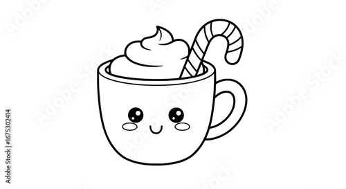 Cute coffee mug with whipped cream and candy cane with transparent background