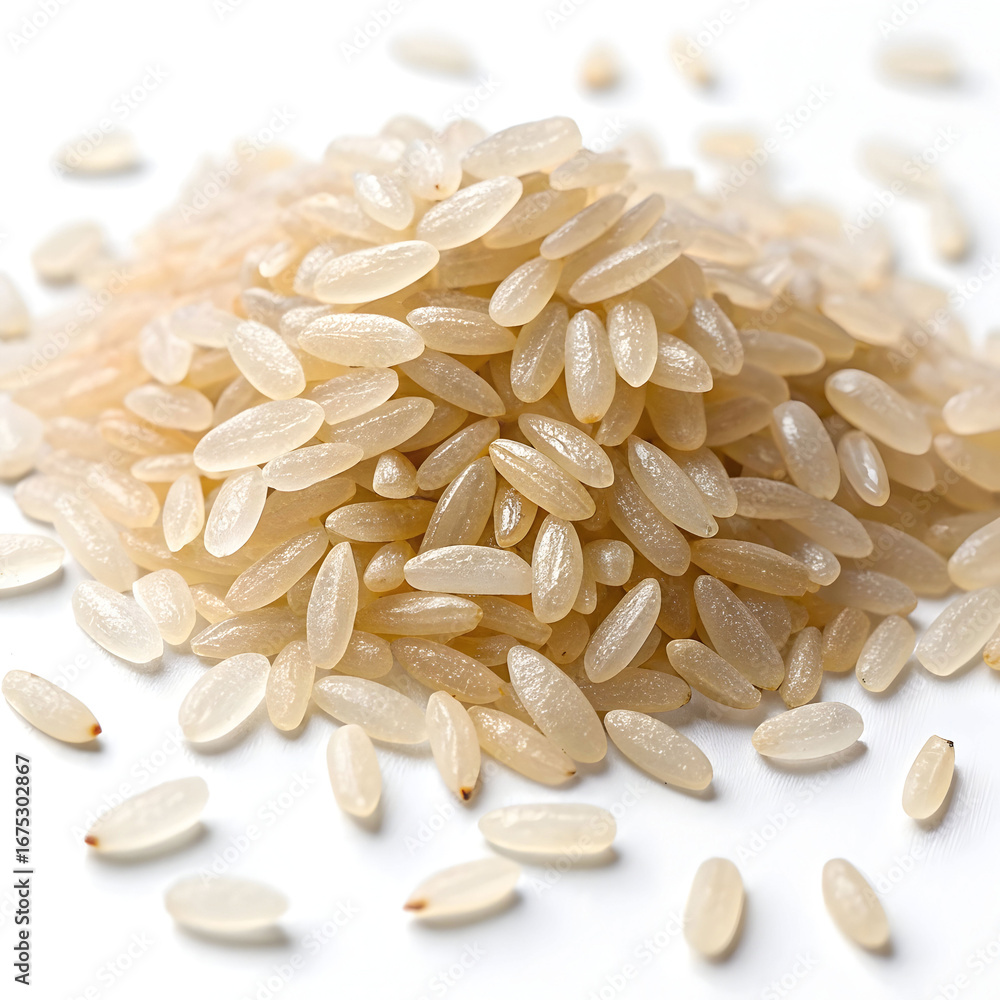 Obraz premium Rice grains isolated on white background, displaying small, polished white grains known for
