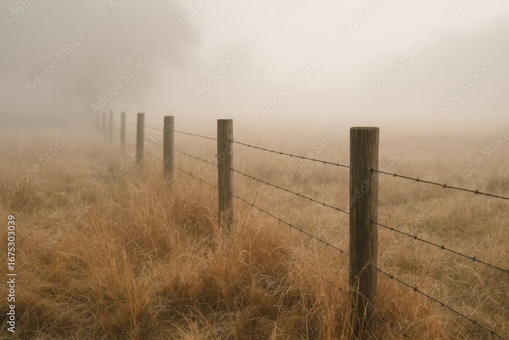 Fototapeta premium Misty Morning Meadow with Fence: A serene landscape unfolds, a weathered wooden fence stretching into the distance amidst a blanket of tranquil morning fog, capturing the essence of rustic calm.