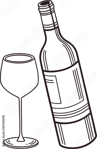 Elegant line art illustration of a wine bottle with a wine glass, perfect for bar menu design, beverage branding, alcohol concept art, and stylish minimalist drink illustrations.