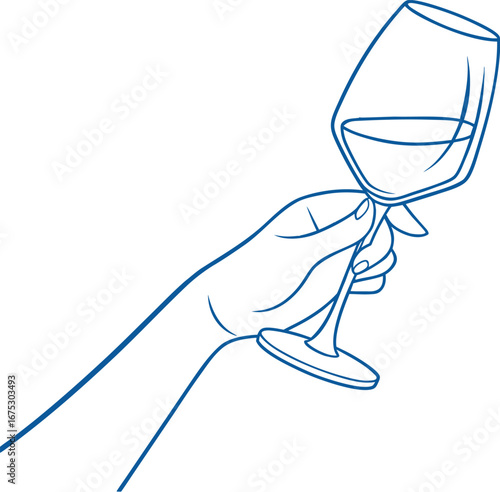 Elegant hand holding wine glass line art illustration, minimal style for celebration, luxury dining, party concept, drink icon, and modern bar design projects.