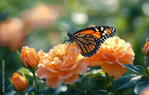 a vibrant orange and black butterfly perched delicately on a blooming orange rose with buds and green leaves under soft natural light