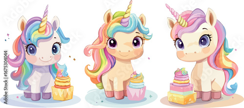 Three adorable cartoon unicorns with colorful manes and tails sitting with cupcakes on a white background