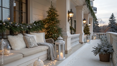Plush Cushions Cozy Christmas Balcony with Lanterns USA