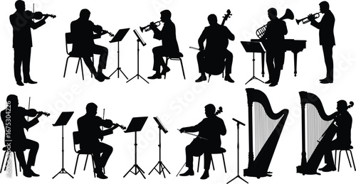 Orchestra silhouettes, musicians playing instruments, violin cello harp trumpet, classical music concert, orchestra ensemble, symphony performance, music vector, cultural art illustration