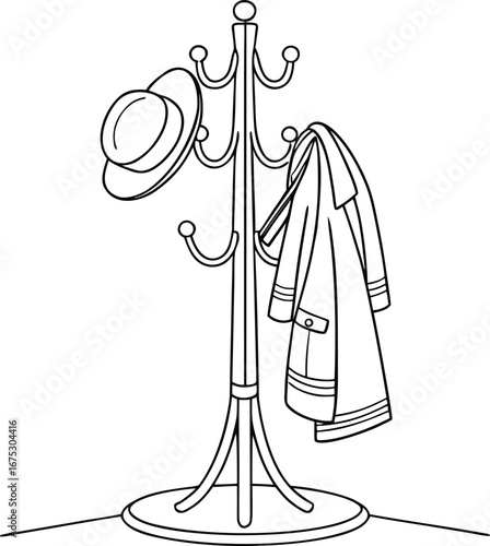 Coat rack with hat and jacket line art illustration, elegant hallway furniture for home interior, minimalist monochrome outline design for entryway decor and stylish storage concept.