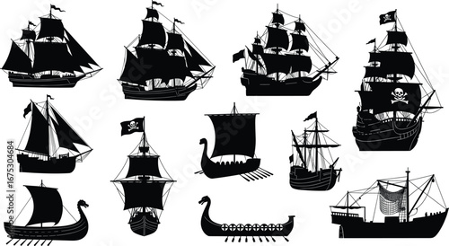Pirate ship silhouettes, Viking ships, sailing vessels, old galleons, black sailboats, medieval boats, historic naval warships, ancient maritime illustration