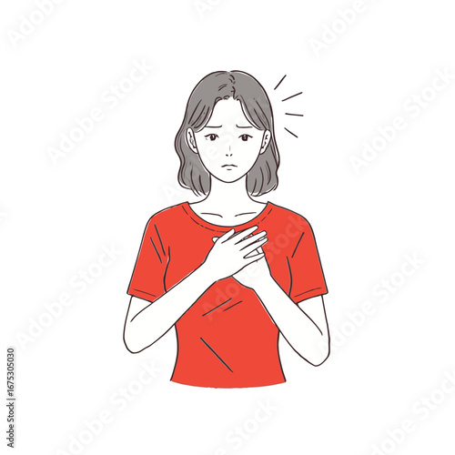Vector art of woman holding chest with worried expression