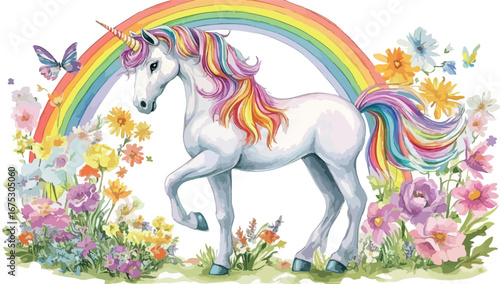 Enchanting white unicorn with flowing rainbow mane and tail standing in a field of colorful flowers under a vibrant rainbow