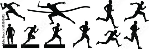 Running athlete silhouettes, sprinter, marathon runner, relay baton, finish line, sports competition, track race, jogging, fitness training, vector illustration