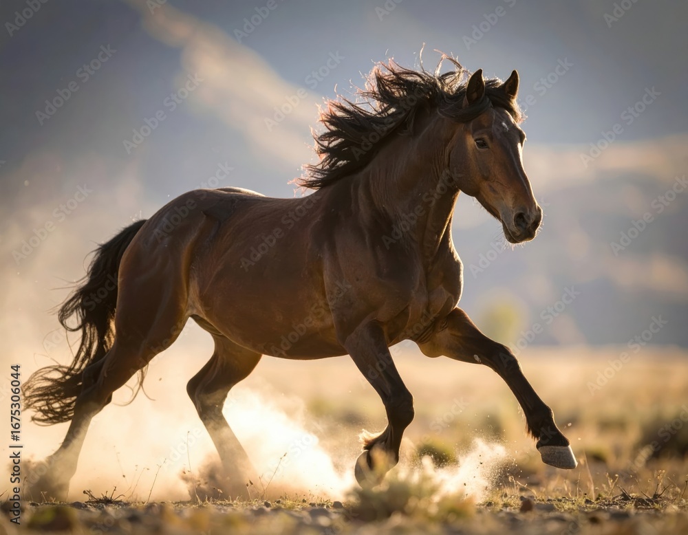 Fototapeta premium Wild Mustang Galloping in the Desert Light