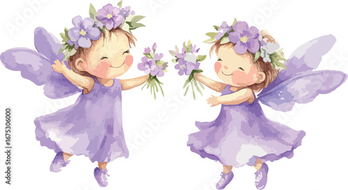 Two adorable watercolor fairies dressed in purple with delicate wings and flower crowns holding bouquets of flowers