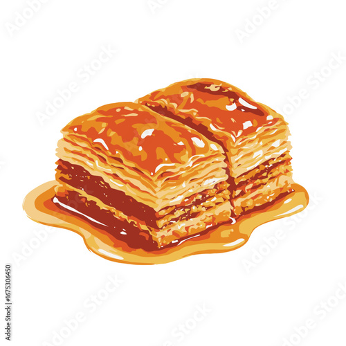 Vector art of two pieces of baklava pastry with honey syrup isolated on white