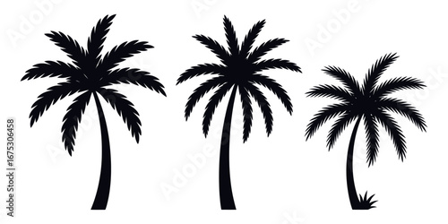 Set of Palm Tree Silhouettes – Black Tropical Vector Icons Isolated on White Background – Summer Beach Elements for Travel, Nature, and Landscape Design Projects