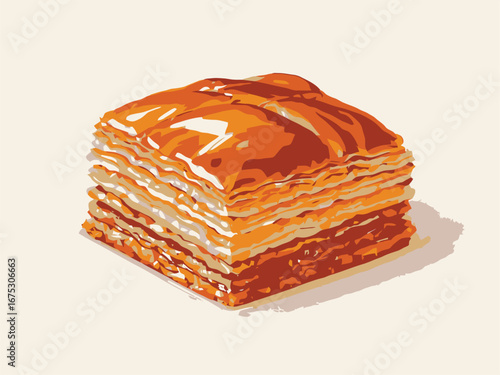 Vector art of a single piece of baklava pastry with honey isolated on light background
