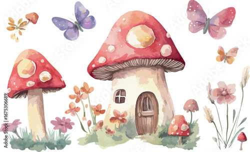 Whimsical watercolor mushroom house surrounded by delicate butterflies and enchanting wildflowers in a fairy tale garden