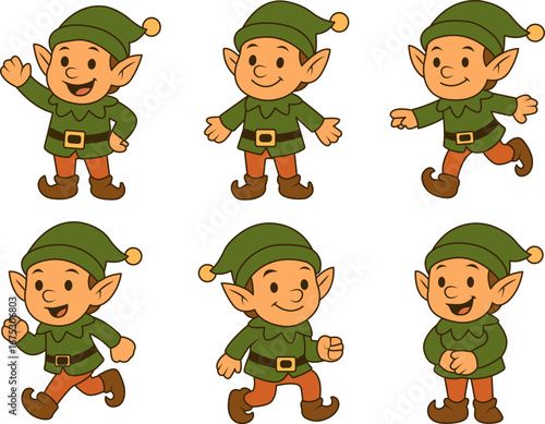 Flat vector pack of cute Christmas elf characters in multiple poses. Great for clipart, print design, packaging, greeting cards, digital projects and festive decorations.