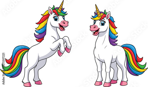 Magical Unicorns: Captivating depiction of two unicorns exuding enchantment. A vibrant spectacle, full of fantasy and fairytale wonder.