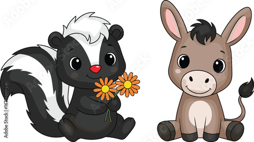 Animal Friends with Flowers: A charming illustration featuring a friendly skunk holding daisies beside an adorable donkey, set against a backdrop of whimsy.