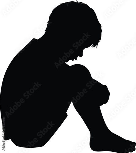 Sad child silhouette sitting isolated feeling alone melancholy vector
