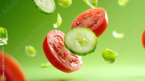 Fresh vegetable slices tomatoes, cucumbers, lettuce suspended midair against bright green background, depicting dynamic culinary movement and vibrant healthy eating concept