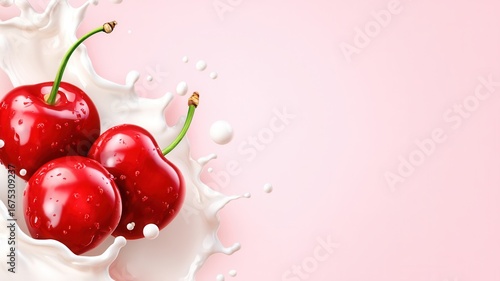 Ripe red cherries plunging into swirling white milk, generating dynamic splash with vivid color and contrast smooth liquid movement